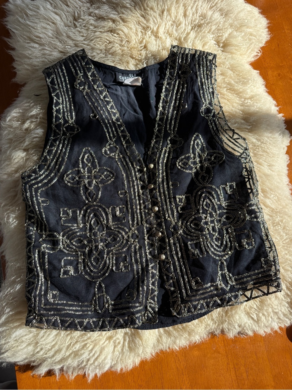 Vintage 1980s Sheer Black + Gold Embroidered Vest Carole Little Sz 2